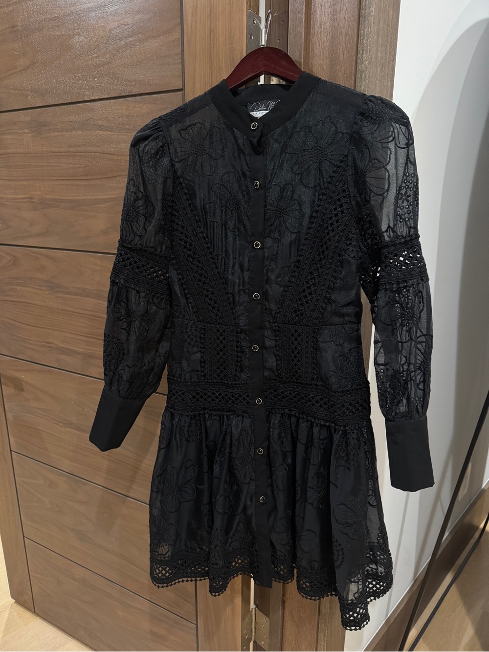 Elegant Black Lace Long-Sleeve Button Dress